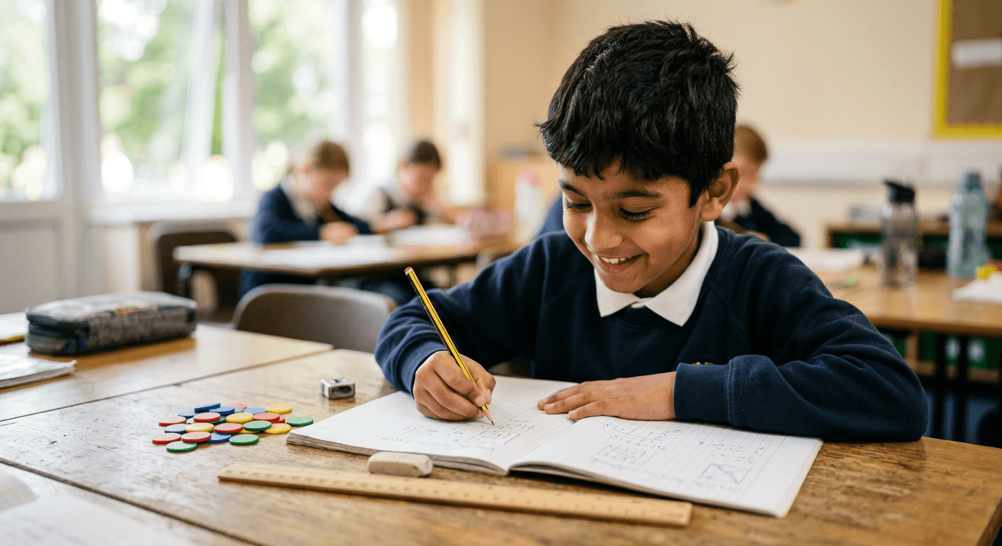 A smiling boy working through a maths problem in his exercise book