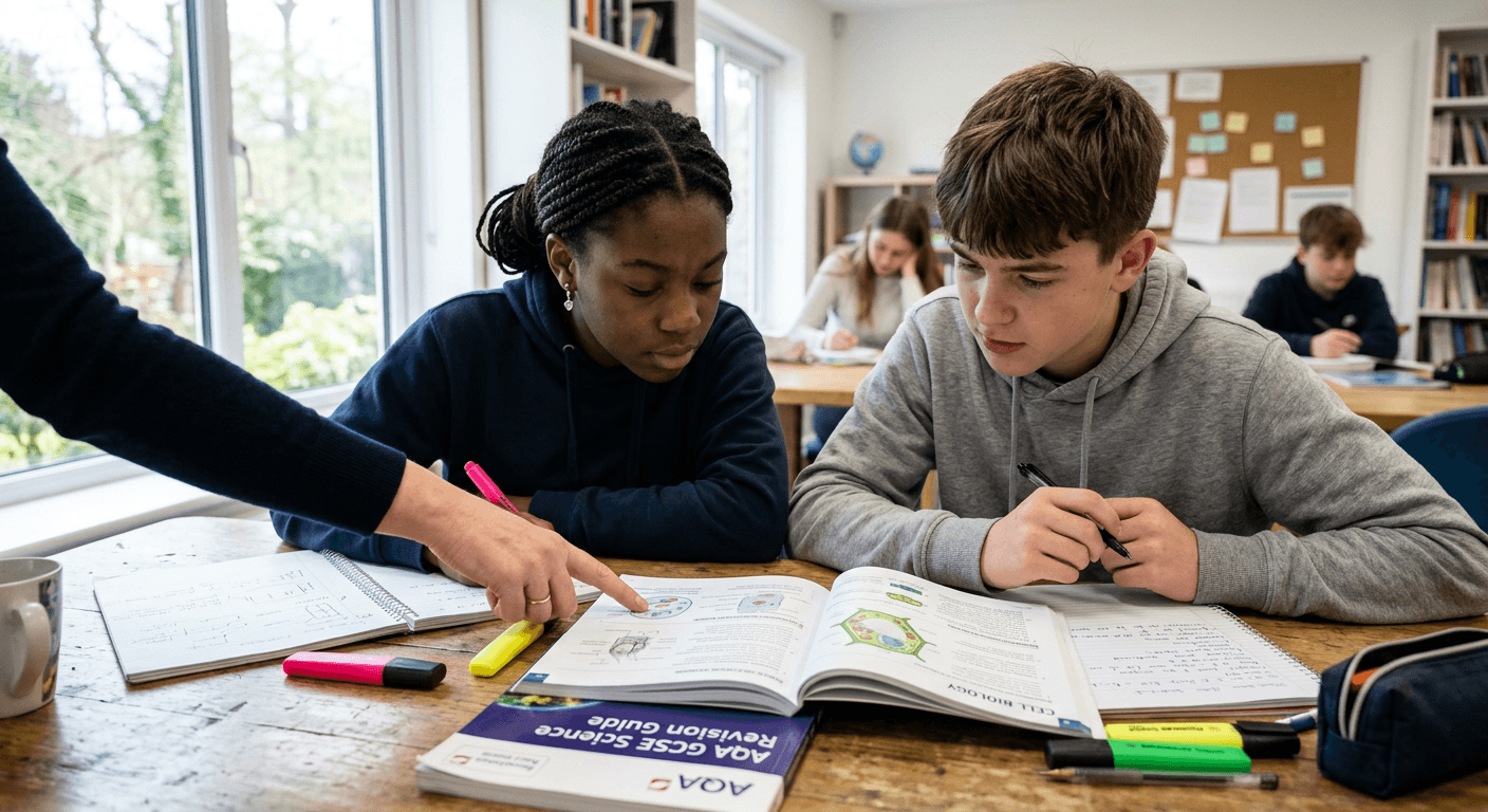 Two teenagers revising together with a tutor