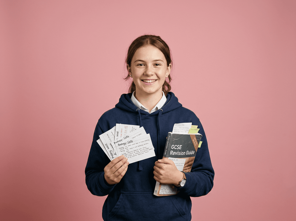 A smiling teenage student holding revision cards and a GCSE revision guide