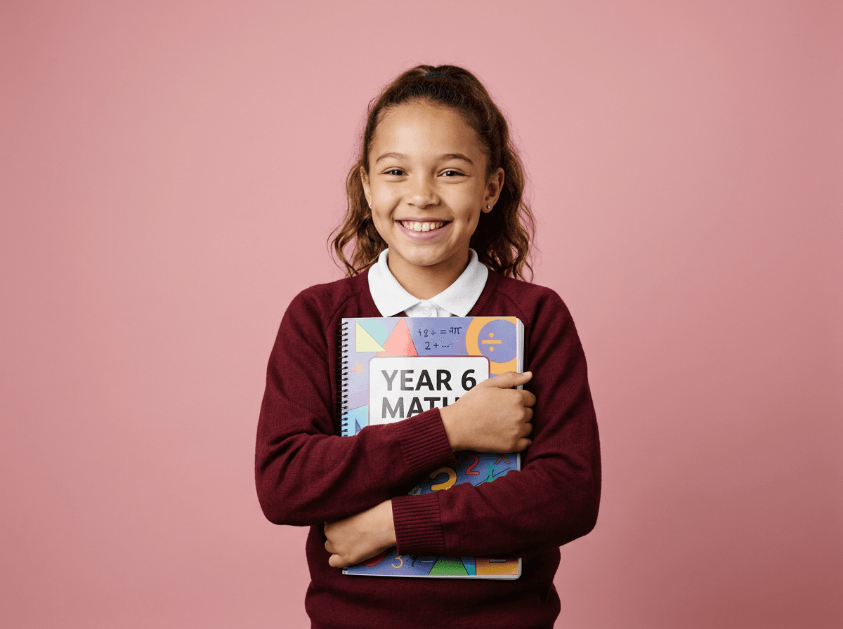 A proud Year 6 pupil holding a maths workbook