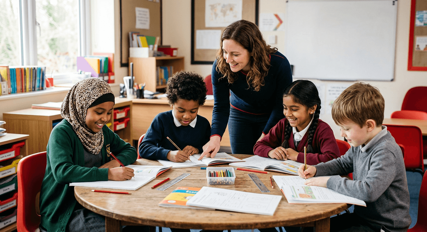A tutor helping a small group of primary school children with their work around a table