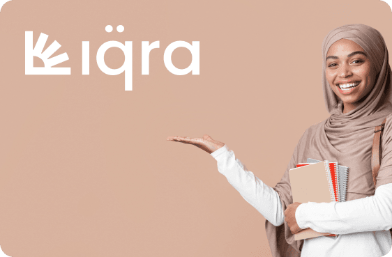 A smiling student holding notebooks beside the Iqra logo