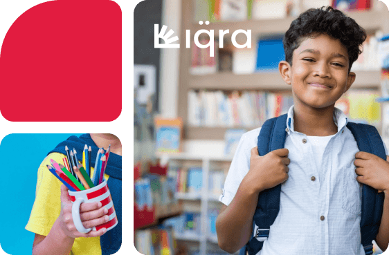 A smiling schoolboy with a backpack in a library, alongside the Iqra logo